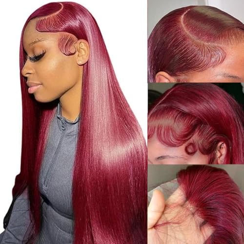 Image of tobasew ​13x6 Straight Burgundy HD Lace Front Wigs Human Hair Red Lace Frontal Wigs Human Hair Pre Plucked Straight Glueless Wigs Human Hair Pre Plucked 200 Density 26 Inch