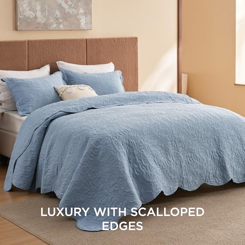 Image of Bedsure Quilt King Size - Ultra Soft Pre-Washed Cloud-Like Bedding, All-Season Lightweight Comforter for Country Bedroom, Leaf Design Coverlet in Mineral Blue, 106 x 96 Inches
