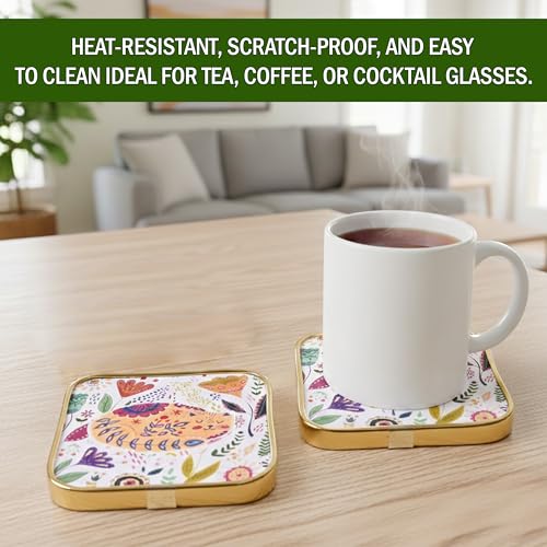 Image of Rousrie Stylist Modern Wooden Coasters with Golden Border | Set of 6 | Stand Included Premium Handmade Coaster for Tea Cups, Coffee Mugs, Beer Mugs, 10 by 10 cm (Pichwai Pattern)