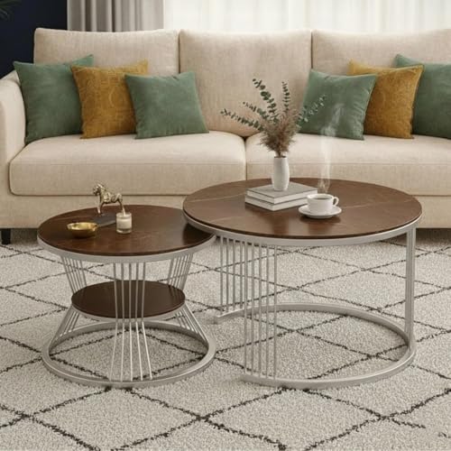 Image of Modern Nested Coffee Table Set of 2 | Round Marble Finish Tabletop with Metal Base | Luxury Center Table for Living Room, Lounge & Office (Gry Brown)