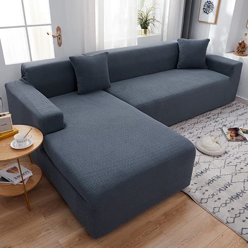 伸縮性のあるコーナーソファカバー。リビングルーム用厚手無地プロテクター。モダンなシェーズロングカバー(ダークグレー、4人掛け235〜300cm対応)