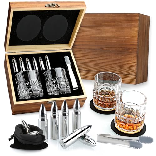 Sovyime Coffret cadeau à whisky – Lot de 2 verres à whisky, 6 pierres à whisky en acier inoxydable et boîte en bois, cadeau d'anniversaire pour homme,...