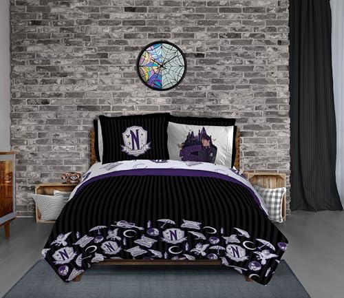 Image of Wednesday Queen Comforter Set 7 Piece Gothic Bedding for Girls, Black | Bed in a Bag, Comforter Sheets Shams Pillowcases, Official Product, Soft Microfiber, Machine Washable, Girls Gift