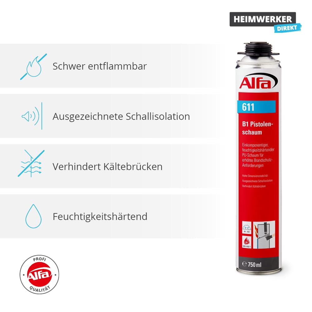 4x Alfa B1 Pistolenschaum (1K) 750 ml Profi-Qualität einkomponentiger, feuchtigkeitshärten B1-Brandschutzschaum schwer entflammbar