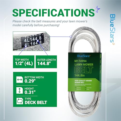 Image of BlueStars M174994 Mower Deck Belt | Heavy-Duty Aramid Cord | 1 /2 inch x 144.8 inch | Deck Belt for 42-inch Deck John Deere X330 X350 X354 X370 Lawn Mower