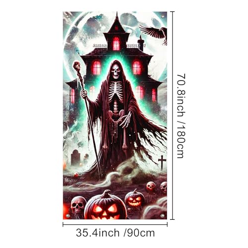 Image of BlissYard Halloween Entryway Banner Grim Reaper 35x71 Inch Polyester | Door Banner, Wall Decor | Skeleton Entry Accent, Grim Reaper Backdrop | Porch, Hallway, Party (Gothic Art)