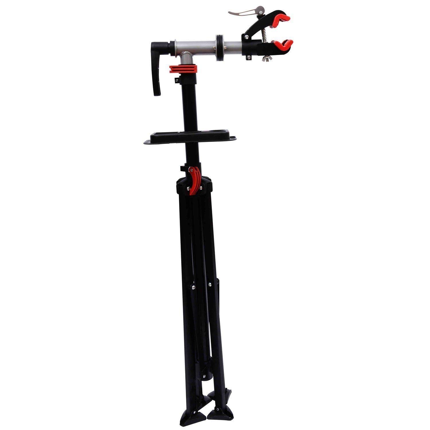 HOMCOM Cavalletto per Riparazione Bici, Cavalletto Bicicletta Pieghevole, Supporto per Manutenzione Bici Girevole a 360° con Vassoio Porta Utensili, Altezza Regolabile 109-180cm, Nero