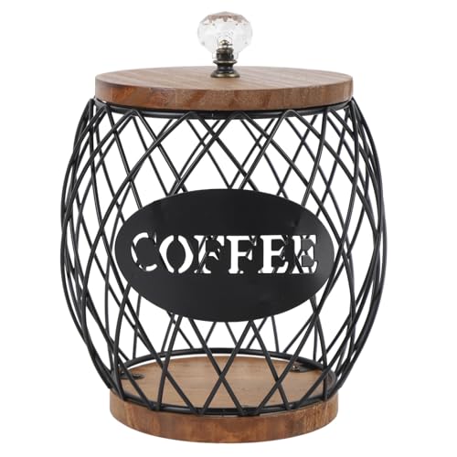 Depisuta Coffee Pod Holder, Metal Coffee Capsule Storage Basket Espresso Pod Organizer with Wooden Base & Lid, Coffee Bar Organizer for Kitchen Dinning Room Office Home Cafe Hotel (Black)