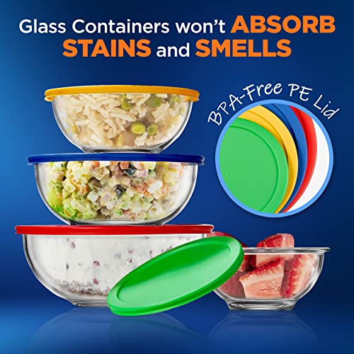 Nutrichef Glass Mixing Bowl Set - 4 Sets Stackable Superior Premium Meal-Prep Container W/Airtight Locking Lid, Bpa-Free Leakproof, Freezer-To-Oven-Safe, For Food Preparation/Storage, Dishwasher Safe #TOP2