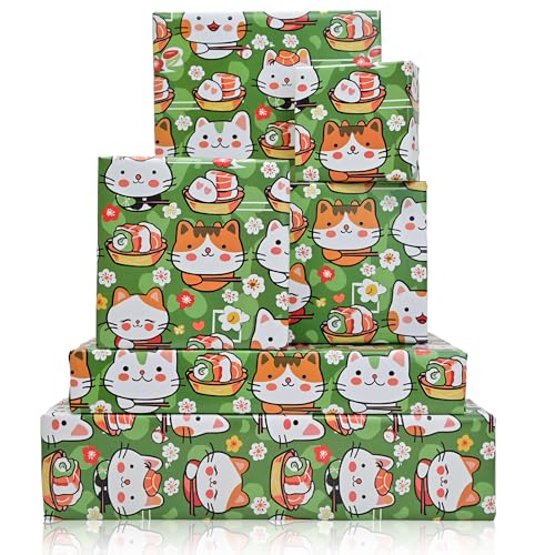Vnaaem Sushi Cat Wrapping Paper 6 Pc Cute Kawaii Cat Japanese Food Gift Wrap Paper for Kids Girls...
