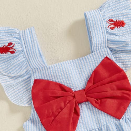 Newborn Baby Girl Summer Clothes Lobster Embroidery Flying Sleeve Bow Seersucker Jumpsuit Infant Crawfish Romper4