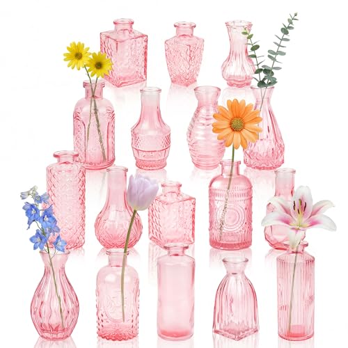 Glass Bud Vases in Bulk Set of 17 Pink Small Mini Vases for Flowers Vintage Vase for Centepiece Wedding Table Decor Baby Shower Christmas Home and Events