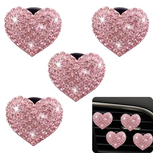 Image of 4 PCS Bling Car Air Conditioner Air Outlet Decoration, Diamond Studded Shiny Heart-Shaped Clip, Cute Charm Interior Aesthetic Ornaments for Women, Universal Car Interior Accessories (Pink)