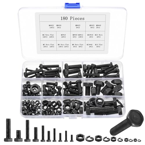 180 Pcs M4 M5 M6 M8 M10 Hex Bolts and Nuts Set Machine Screws Assorted Nuts and Bolts Set Black Nut and Bolt Assortment for Repair Maintenance and DIY