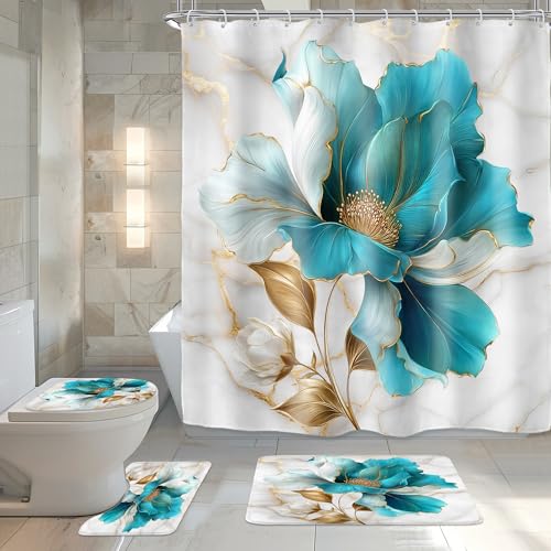 Riyidecor Teal Gold Marble Floral 4Pcs Bathroom Shower Curtain Sets