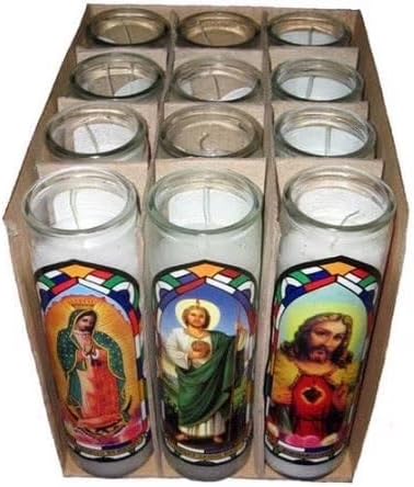Religious Prayer Candles, Veladoras Religiosas, Glass Jar Candles with Religious Icons 12 Pack