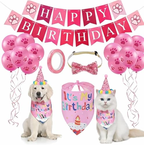 Kedi ve köpek doğum günü parti seti: balon, banner, bandana, papyon, şapka ve aksesuarlar