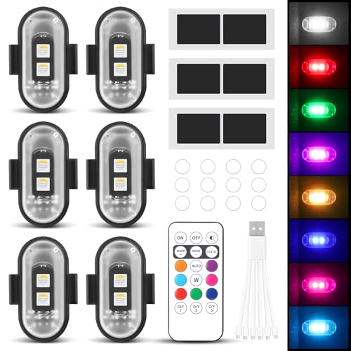Mineup 6 Stück Kabellose Led Lichter, 8 Farbiges Strobe Drone Light, Fernbedienung Blitzlicht mit Fernbedienung, USB-Aufladung Antikollisionslichter,LED Flugzeug Blitzlicht für Drohne Motorrad