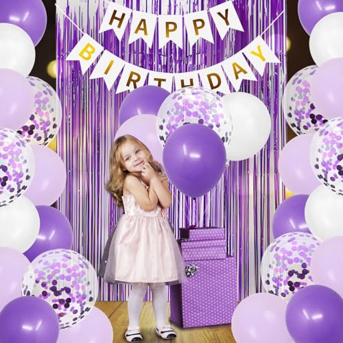 Image of ZHENGYE Purple Birthday Party Decorations Kit Happy Birthday Banner Fringe Curtains Confetti Balloons for Women Girls Party Decorations Supplies
