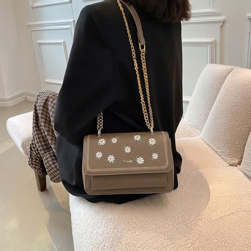 Image of EXOTIC Fiora Daisy Sling Bag for Women | Embroidered Floral Leatherette Crossbody Handbag with Chain Detail & Flap Closure | Elegant Casual & Party Purse