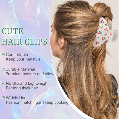 Image of OWIIZI Cherry Hair Clips for Women 3.5 inch Durable Acetate Cute Hair Claw Clips Ponytail Barrette Strong Hold Acrylic Hair Accessories for Girls Long Thick Hair