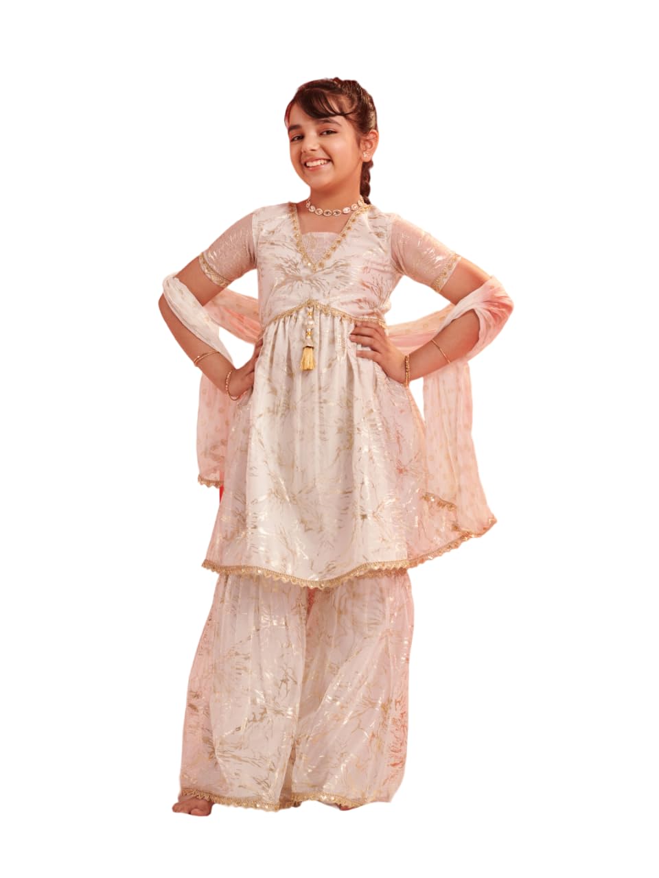 Pspeaches Girl's Silk Blend Sharara Set (Sha-Wtgoldshimmer-15-16Y_White