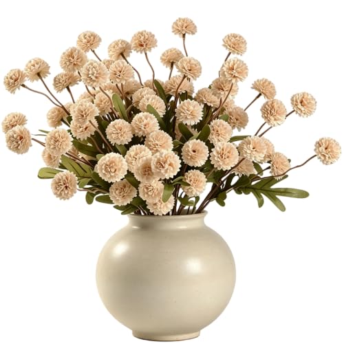 HNVNER 10PCS Artificial Flowers for Vase Beige Fake Pompon Mums Long Stem