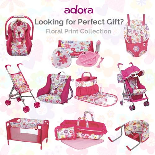 Adora Baby Doll Car Seat with Removable Seat Cover - Machine Washable, Fits Most Dolls & Plush Animals Up To 20&rdquo;, Birthday Gift For Children Ages 2+ - Pink Flower Power