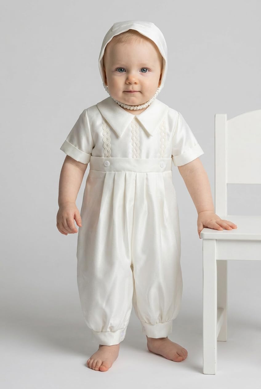 SIRRI Completo da Battesimo per Neonato in Raso, Composto da Tutina Ricamata Color Avorio e Cappellino, Due Pezzi.
