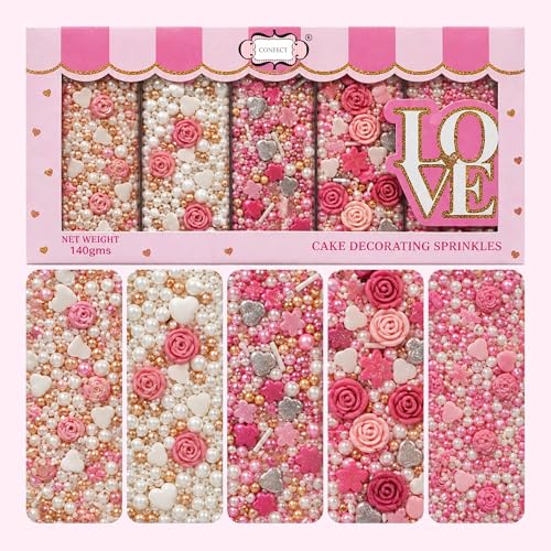 Confect Pink Mini Roses I Silver Hearts & Vermcelli and White Pearls | Anniversary Sprinkles | Sprinkles for Baking & Cake Decorative | Edible sprinkles - Vegan, Gluten-Free, Nut-Free, Soy-Free, Dairy-Free , Handcrafted Sprinkle 5 Oz