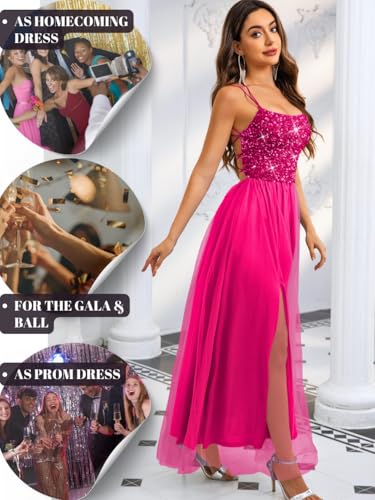 Image of ShawGobow Tulle Prom Dress with Slit,Sequin Backless Long Flowy Dresses for Women,Sexy Sparkly Outfits Homecoming Wedding