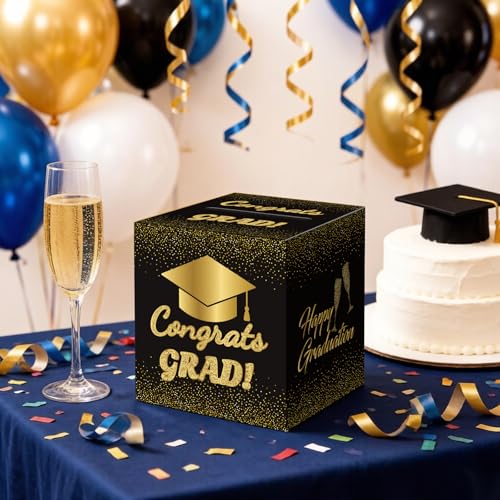 Image of Graduation Card Box 2026 Graduation Party Decorations Congrats Grad Card Boxes Holder for Graduation Gift Graduation Party Favors Decor Party Supplies - Black gold