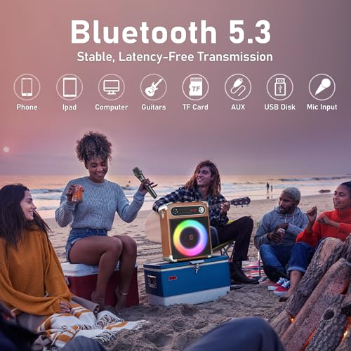 Image of JYX Portable Bluetooth Karaoke Speaker with 2 Wireless Mics, 10Hrs Playtime, RGB Lights, PA System for Adults & Kids, Supports USB /TF /FM /Type-C /AUX, for Home Party, Outdoor & DJ Use (Wood)