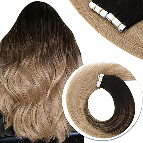 Sunny Hair Tape in Extensions Human Hair Black Ombre Golden Blonde Balayage Ash Blonde Tape in Hair Extensions Real Human Hair Invisible Skin Weft 24 inch 20pcs 50g