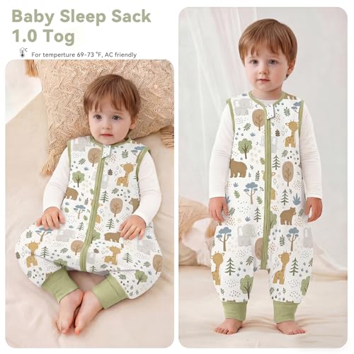 Image of Chilsuessy Toddler Sleep Sack with Feet 3-4 T, 1.0 TOG Cotton Baby Wearable Blanket with Legs, Sleep Bag Walker with 2-Way Zipper, Blue & Green Animals