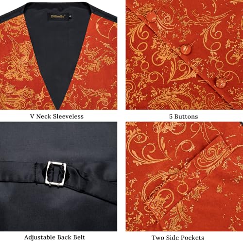 DiBanGu Mens Velvet Dress Waistcoat 6PCS Metallic Paisley Printed Suit Vest and Bowtie Set with Lapel Pin for Suit or Tuxedo4