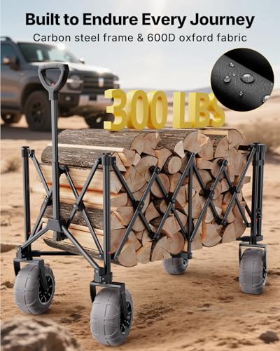 Image of Beach Wagon with Big Wheels for Sand, 260L Capacity, Heavy Duty All-Terrain Folding Wagon with Expandable Rear, Durable Carbon Steel Frame & Big 8.3 inch Wheels for Beach, Outdoor & Camping Activities