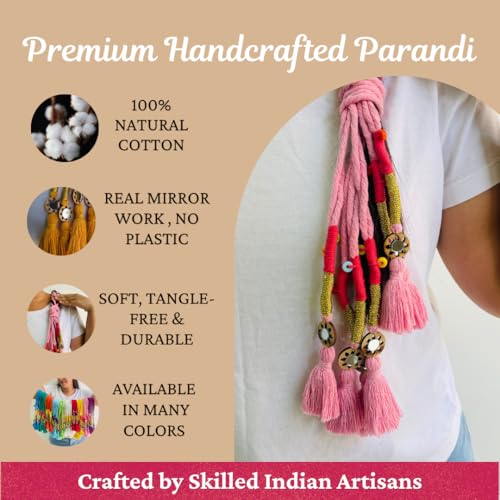 Image of Zippy Flora Neelima Parandi (Baby Pink) | Traditional Boho Handmade Paranda Hair Accessory with Braid Tassels | Women's Ethnic Hair Extension for Choti, Braids & Patiala Shahi Hairstyles