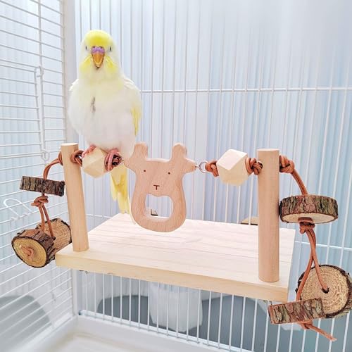 Image of Bird Perch Platform Stand with Parrot Chew Toys Cage Accessories for Lovebirds, Parakeet Cockatiels Conures Budgie and Other Small Animals
