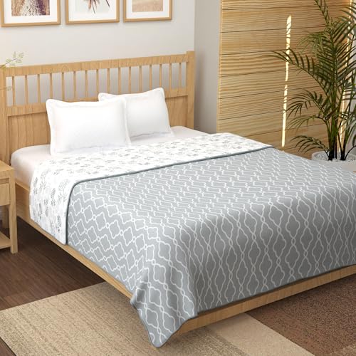 Image of Story@Home Quilted King Size Bed Cotton 100% | 150GSM 225 x 240 CM Quilt AC Blanket for Summer | AC Comforter Double Bed |Grey & White, Floral & Moroccan Reversible Design Duvet | All-Season Blanket