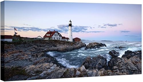 Wieco Art Portland Lighthouse - Lienzo decorativo para pared, diseño de paisaje marino, puesta de sol, playa, paisaje, pinturas para sala de estar,