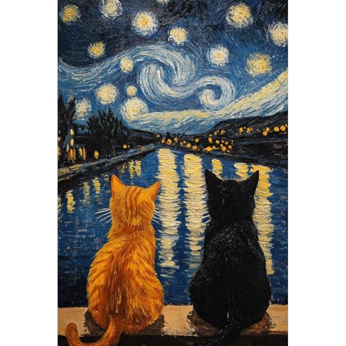 Black Cat Diamond Art Kits for Adults Orange Cat Diamond Painting Kits for Beginner Starry Sky Diamond Dots Full Drill Crafts for Gem Art Dot Art Home Monet Wall Decor for Teens 5D DIY 12x16inch
