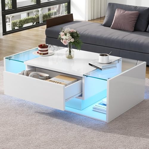EURHCIO Table Basse Salon 100x50x31cm,Table Basse Blanche,Tables d'appoint Brillante avec Lumières LED,Tiroir,Design Minimaliste,pour Salon (A-Blanc)