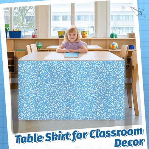 Image of 9FT Blue and White Composition Table Skirt Teacher Desk Skirt for Composition Notebook Classroom Decor Rectangle Table Cover for Back to School Party Supplies Kindergarten Office Bookcase Cabinet