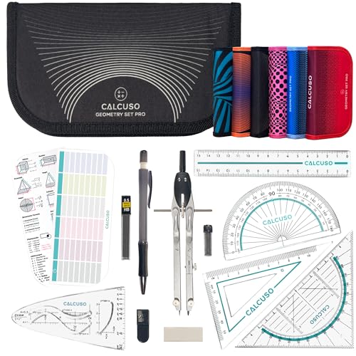 CALCUSO Set di Geometria PRO (15 Pezzi) in astuccio nero con compasso e goniometro – Pratico kit per scuola, università e ufficio – Ideale per studenti e professionisti