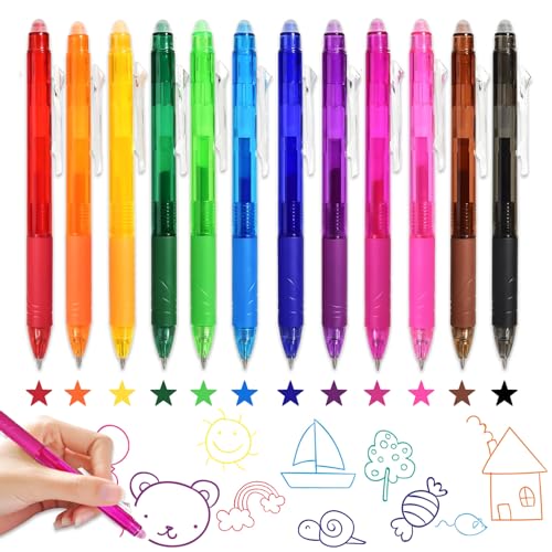 Rwbimti Buntes Kugelschreiber-Set, 12 Farben radierbarer Tintenroller mit Radiergummi (0,5 mm). Perfekt für Büro, Schule und korrigierbare Notizen.