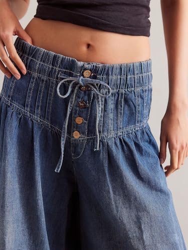 ebossy Women's Barrel Jeans Drawstring Stretchy Ruched Mid Rise Wide Leg Loose Denim Pants with Pockets4