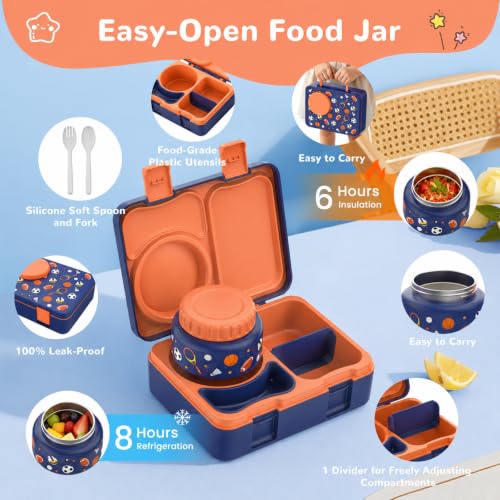 Image of Bento Box for Kids, Leakproof Kids Lunch Box with 8.5OZ Thermo Food Jar & Lunch Bag, 3-4 Compartments Toddler Insulated Lunch Box for Boys, BPA Free Lunch Containers for School Daycare