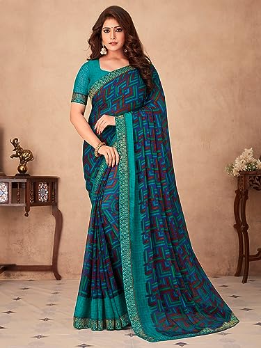 Image of AKHILAM Women's Chiffon Black Embellished Designer Saree With Blouse Piece