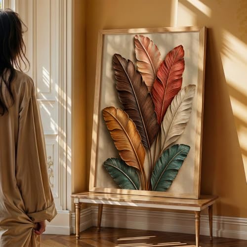 Image of NoWorries 3D Colorful Leaf Wall Painting with Frame Set of 1 | Premium Textured Botanical Leaves Artwork, Luxury Nature Wall Decor for Living Room, Bedroom, Office and Home Decoration (3d Art-7,13x19inch)